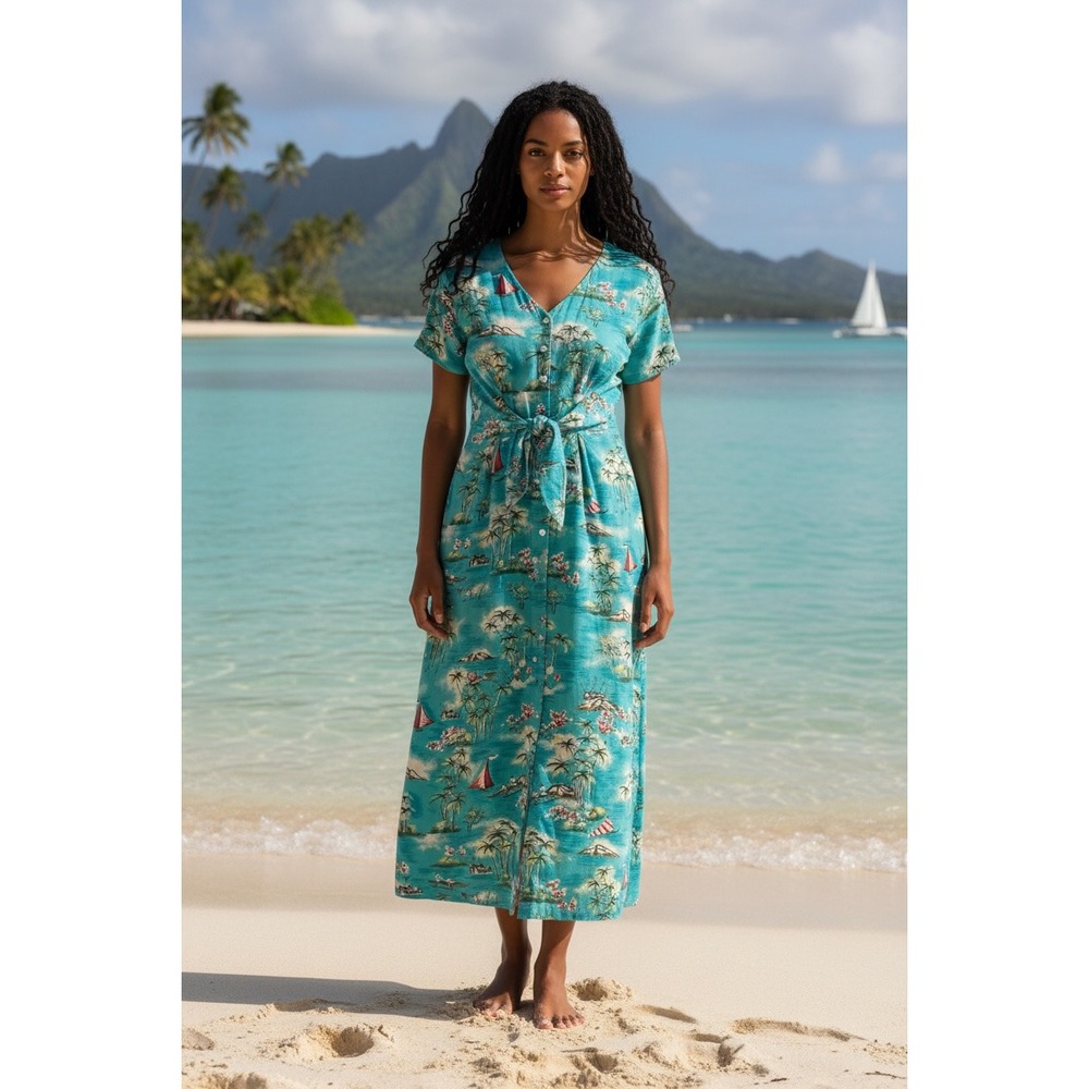 Vintage Carol Anderson 80s Women's Sz 14 Tropical Hawaiian Blue Midi Dress
